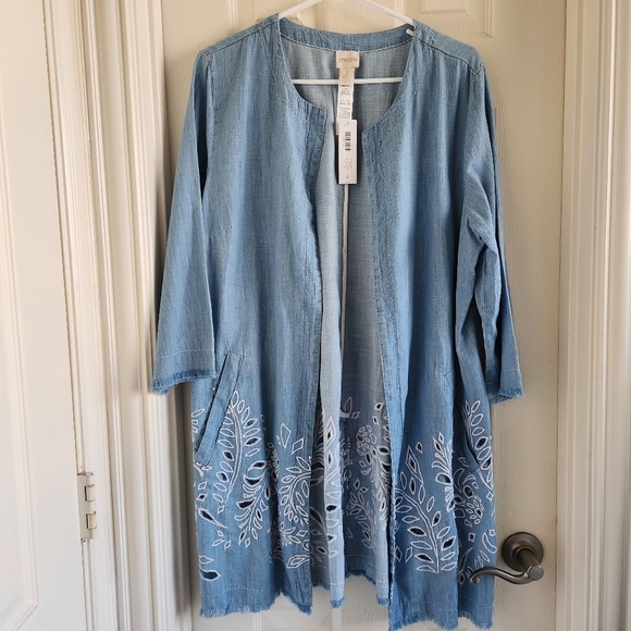 Chico's Women's Indigo Eyelet Topper 3/4 Sleeve Jacket Duster Size 3 NWT - Picture 1 of 10